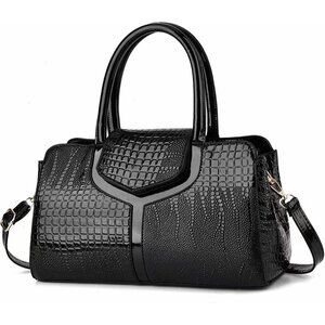 Women's Black Faux Leather Retro Top handle Crocodile Crossbody Satchel Bag